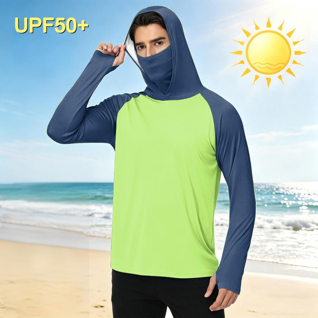 Herren Casual Outdoor Kapuzen Langarm Sonnenschutzhemd Leicht Atmungsaktiv Schnelltrocknend UV-Schutz Top für Sport Wandern