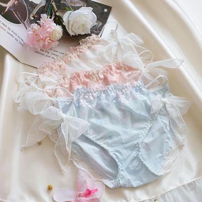 Japanese Style Women's Ice Silk Mid-Waist Embroidered Lace Briefs - Comfortable, Breathable, Cute & Sexy