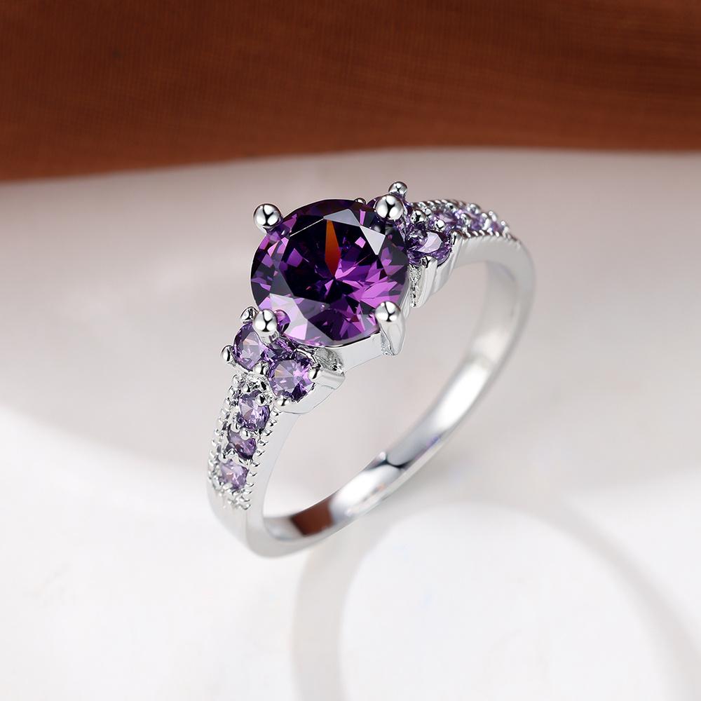Purple Crystal Champagne Zircon Round Stone Rings For Women Classic Silver Color Wedding Band Engagement Jewelry Birthstone Gift