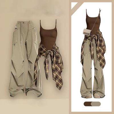 Jarní Letní Outfit Dámská Tepláková Souprava Sladěný Set Elegantní Vintage Kostkovaná Košile+Tílko+Sportovní Kalhoty Třídílný Oblek