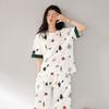 Spring and autumn summer pure cotton pajamas women's short-sleeved trousers round neck pullover cartoon bear imitation cotton women's loungewear suit