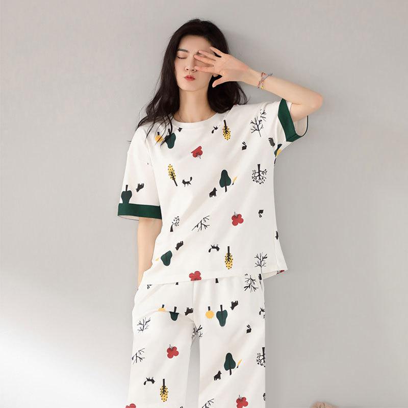 Spring and autumn summer pure cotton pajamas women's short-sleeved trousers round neck pullover cartoon bear imitation cotton women's loungewear suit