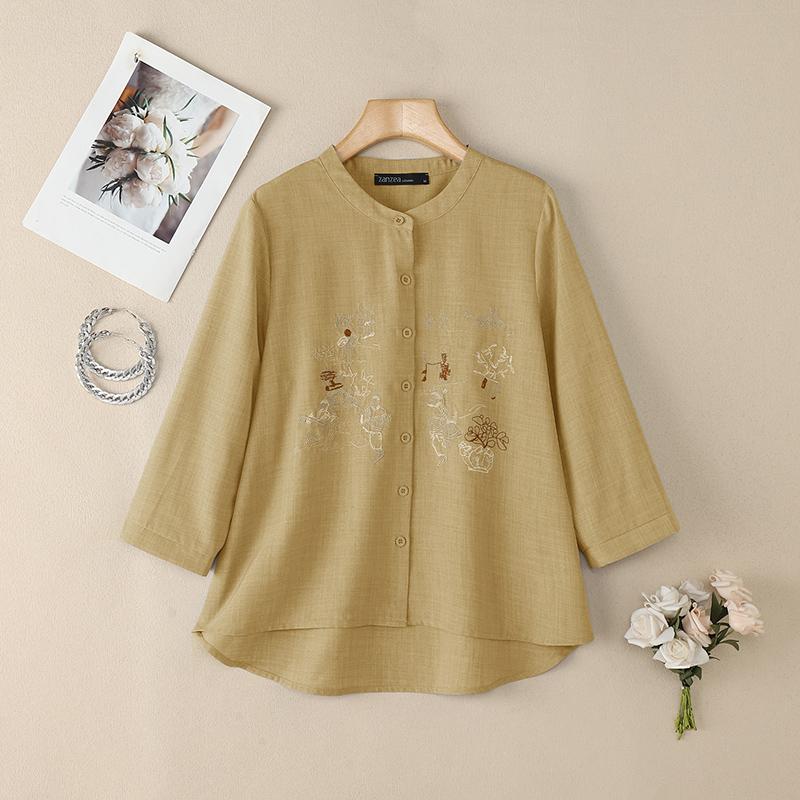 ZANZEA Women Embroidery Print Casual Round Neck Long Sleeve Blouse