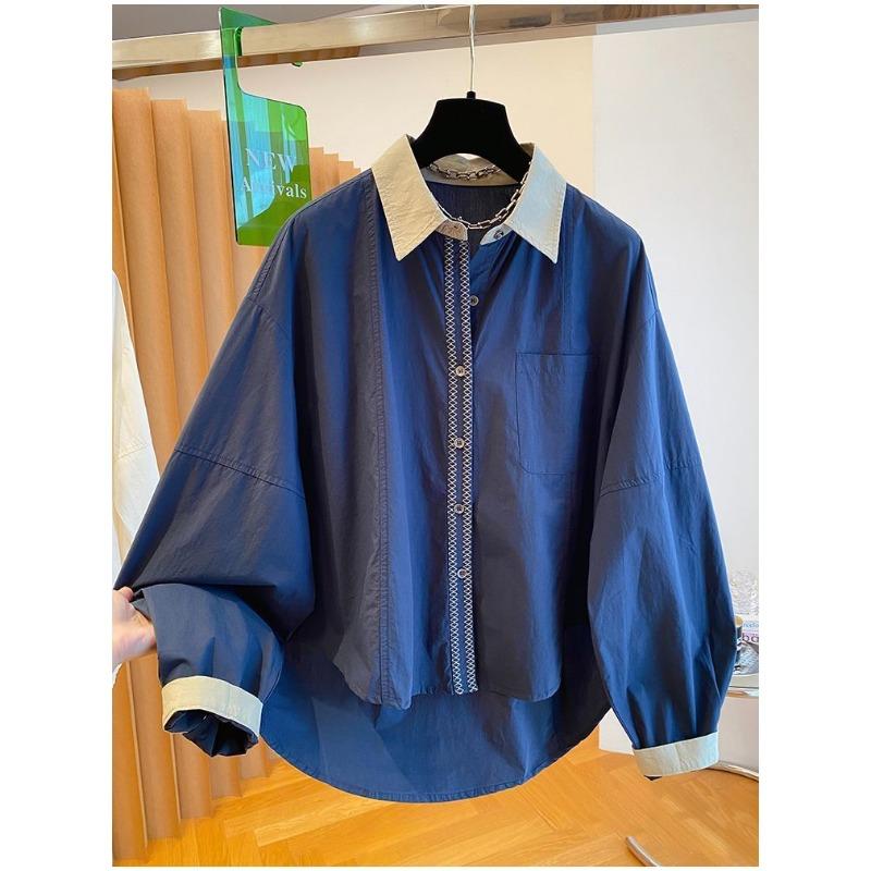 Damskie Nowe Jesienne Modne Kontrastowe Kolorystycznie Casualowe Luźne Bawełniane Bluzki Krótsze z Przodu Dłuższe z Tyłu Koszule z Długim Rękawem