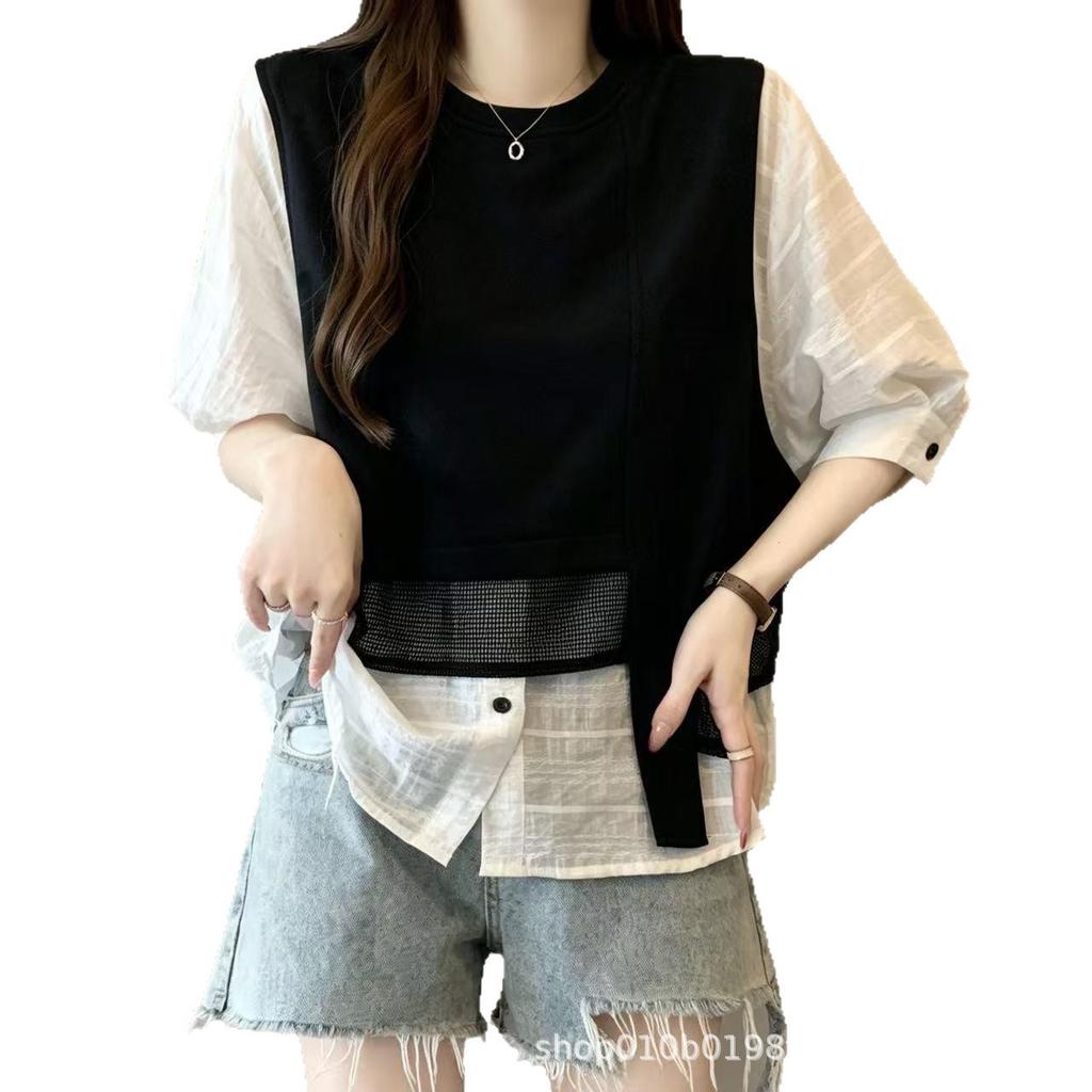Summer new French fake two-piece vest splicing short-sleeved shirt women's loose and thin versatile top 1871 foreign style