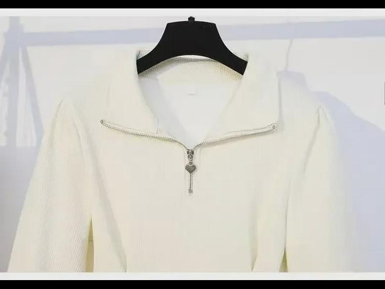 Dámské nadměrné pletené šaty na zip v korejském stylu - Hrubý samet, Jednobarevné, Ležérní podzimní/zimní dlouhá sukně