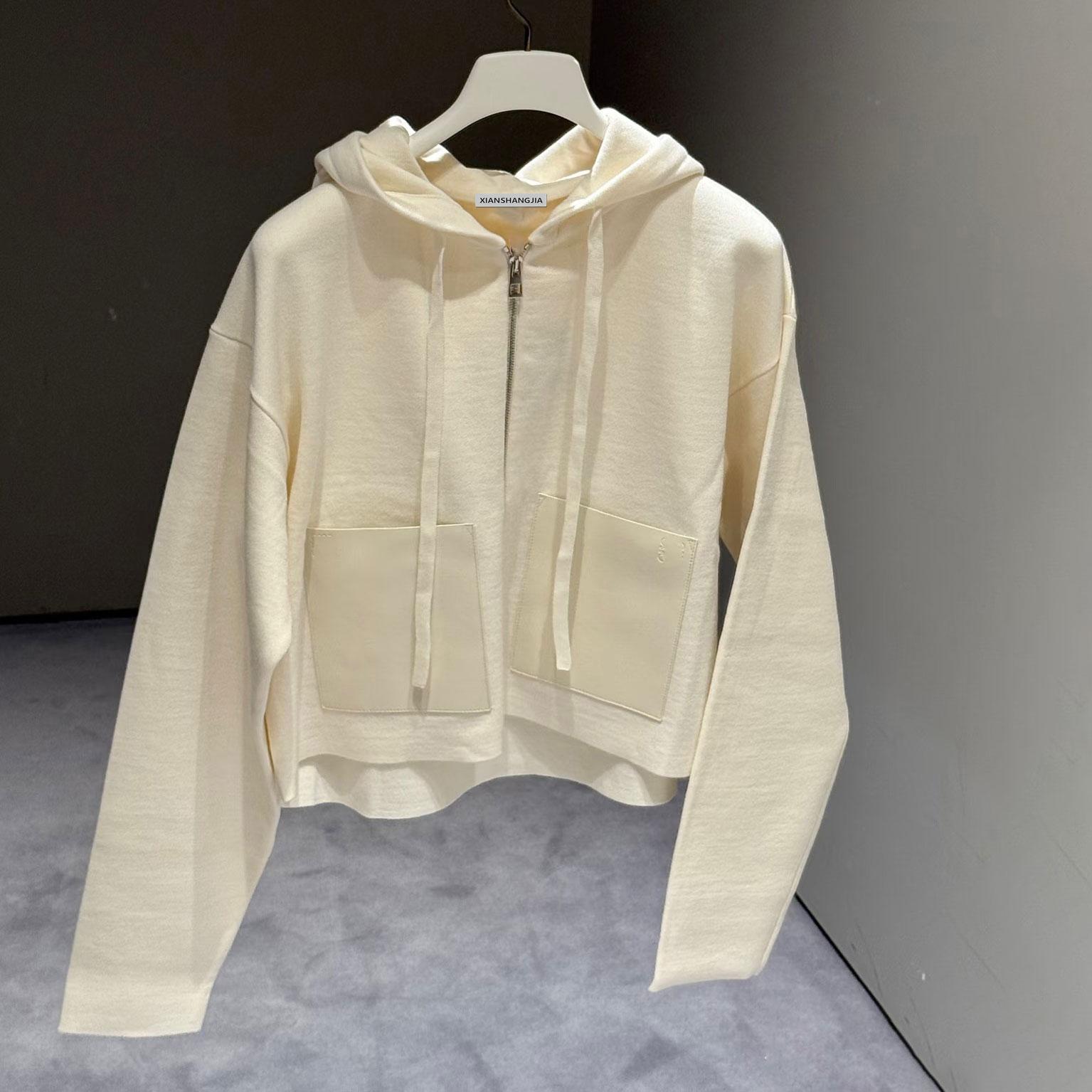 Star same white double pocket zipper hooded zipper knitted cardigan jacket women s autumn loose casual top S