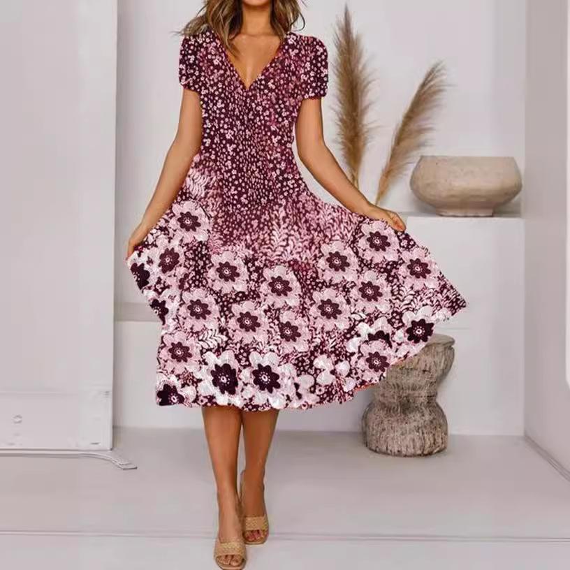 Women's Summer Midi Dress V-Neck Short Sleeve Dress Casual Floral Printed Big Swing A-Line Dress