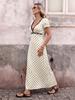 Maxi Abito a Pois in Pizzo con Scollo a V e Maniche a Sbuffo Stile Vacanza Francese