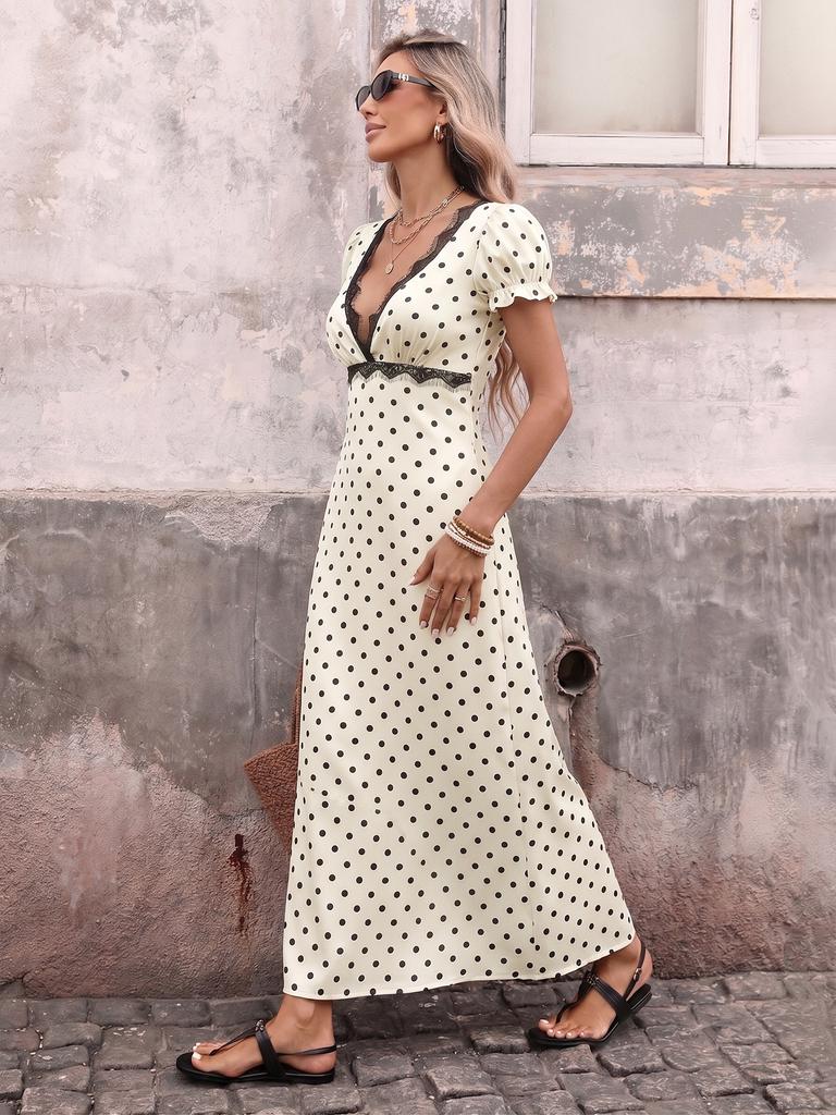 Maxi Abito a Pois in Pizzo con Scollo a V e Maniche a Sbuffo Stile Vacanza Francese