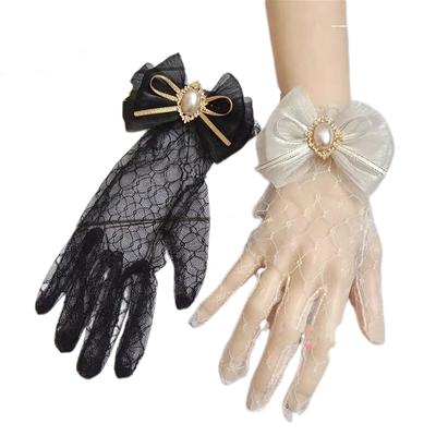 Handmade Lolita Lace Gloves Japanese Sweet Girl Tea Party Wedding Bride Gorgeous Summer Bow Pearl Lace Gloves Mittens Accessory