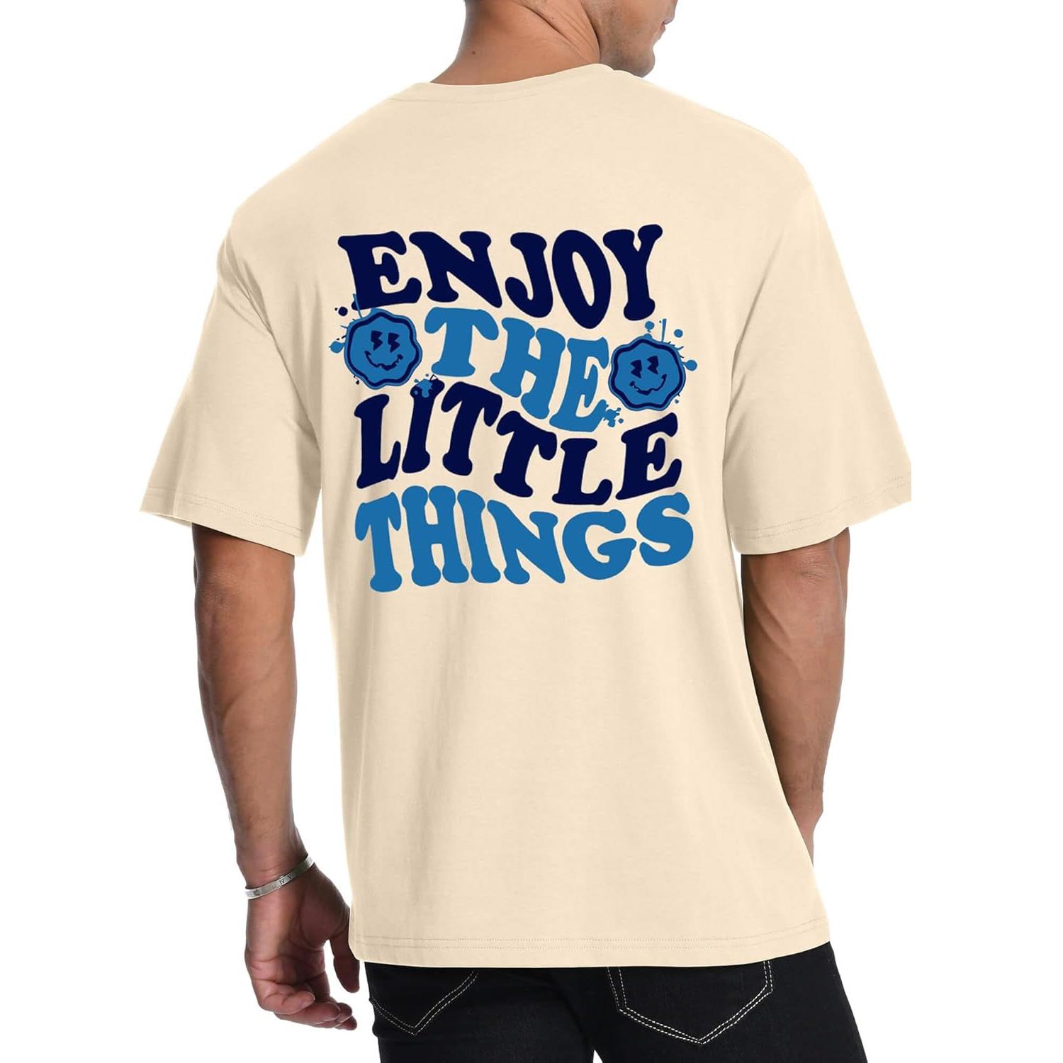 Unisex Retro Wavy Text & Smile Face Graphic Tee,  Enjoy The Little Things  Casual Streetwear Oversized T-Shirt L бежевый