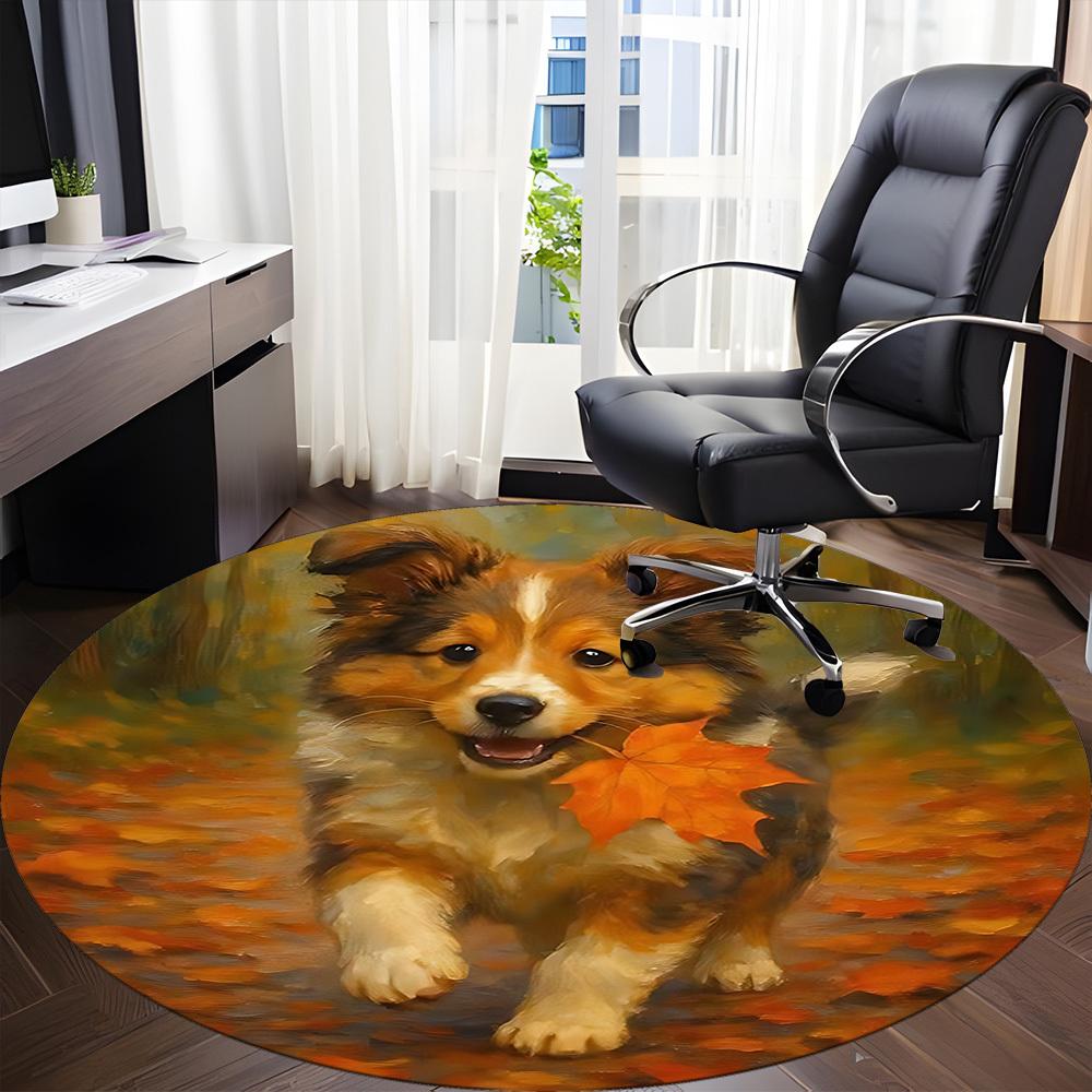 1PC Autumn Pup Office Round Area Rug, Mat Suitable ForOffice, Under Office Chairs Bedroom Living Room Home Decor, Room Deco