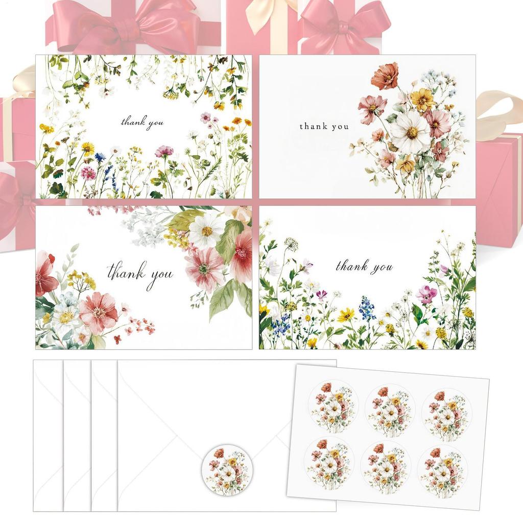 4Pcs Watercolor Floral Botanical Design Greeting Cards With Envelopes For Thank You Birthday Wedding Thank You Cards