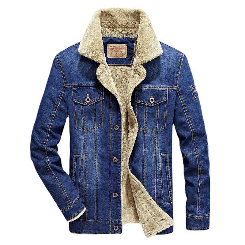 Men's Plus Size American Style Denim Jacket with Velvet Lining - Autumn/Winter, Loose Fit, Multi-Pocket, 7X