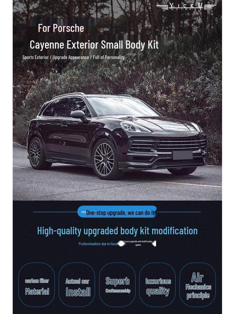18-23 Porsche Cayenne Carbon Fiber Body Kit: Front Lip, Rear Lip, Side Skirts, Fender Flares, Roof Spoiler & Wind Deflectors