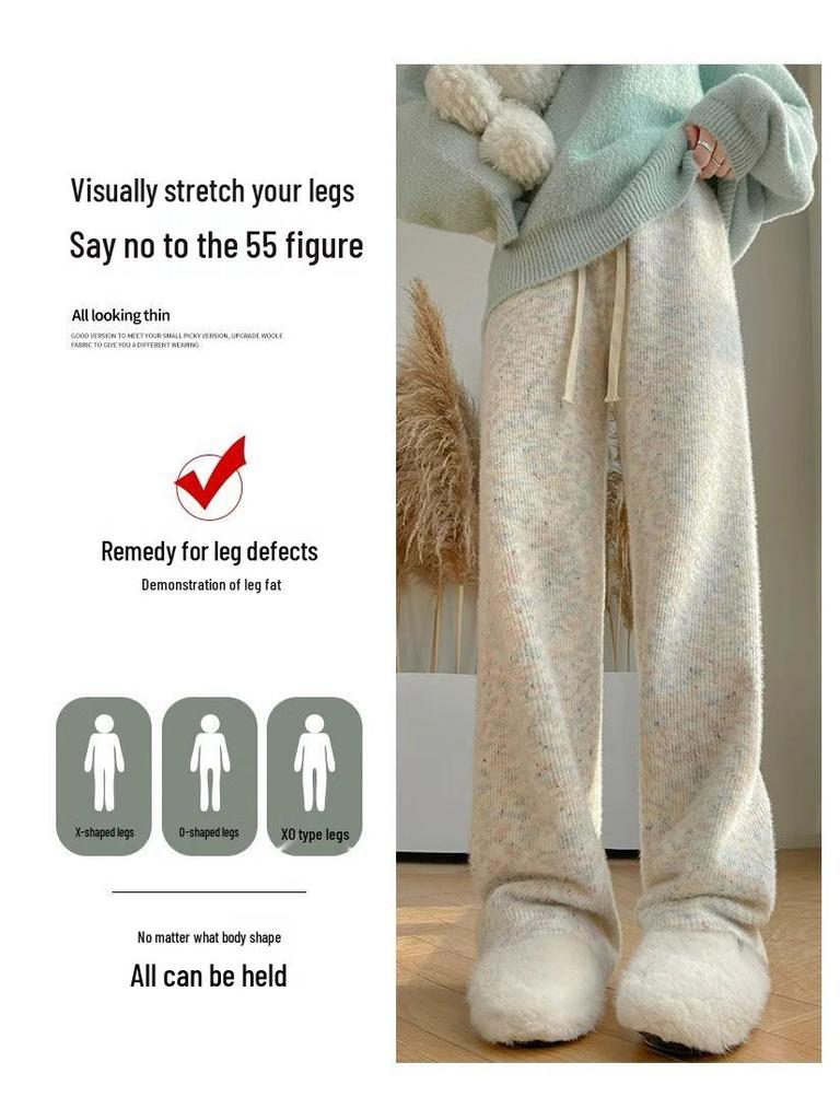 Petite Fleece-Lined Rainbow Sticky Rice High-Waist Casual Knit Pants 