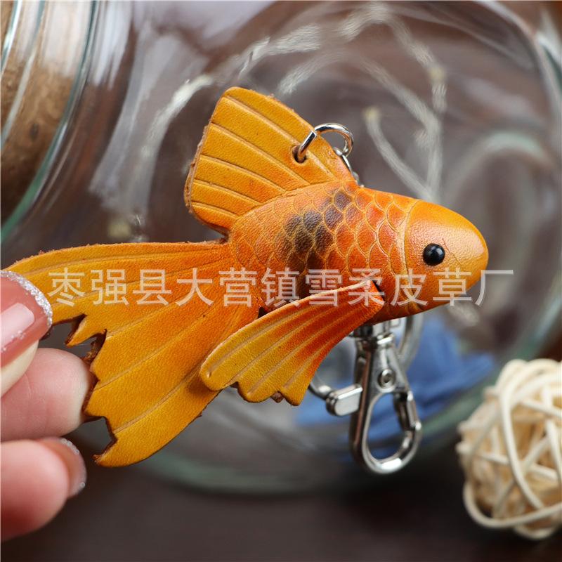 First Layer Cowhide Small Goldfish Bag Pendant Keychain Pure Hand Workmanship Small Red Fish Small Yellow Croaker Key Chain Koi Pendant