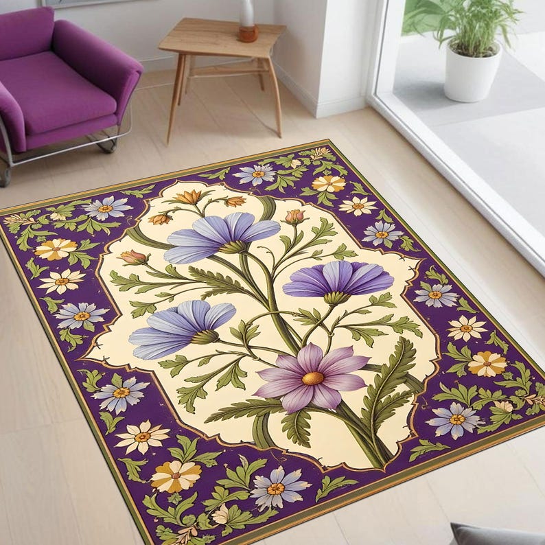 Purple Floral Rug with Botanical Design, Beige and Purple Decorative Floor Mat