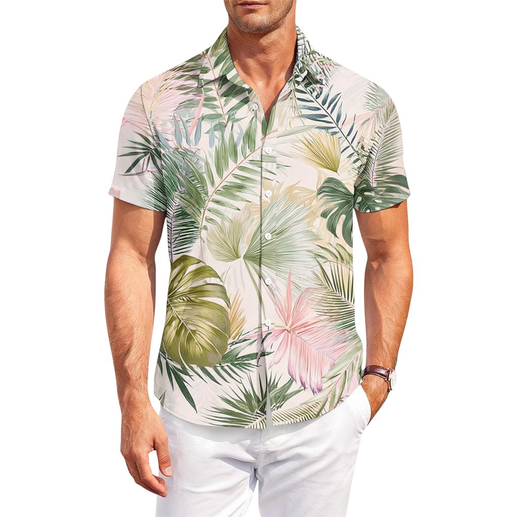 Casual losvallend herenshirt met korte mouwen, tropische bloemenprint, knoopsluiting, voor zomer, strand, buiten