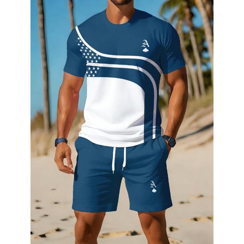 Lässiger Sportanzug atmungsaktiv Outdoor Freizeit Herren Rundhals T-Shirt Shorts Hosenanzug Sommer Digitaldruck Druckanzug für Männer und Erwachsene 6XL blue