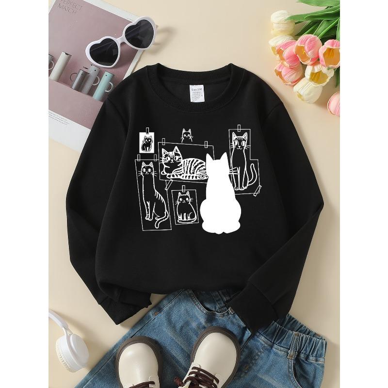 European sizes Girls' Crewneck Sweatshirt Cat Silhouette Art Prints Collection, Soft Comfortable Casual Wear for Children & Teenagers