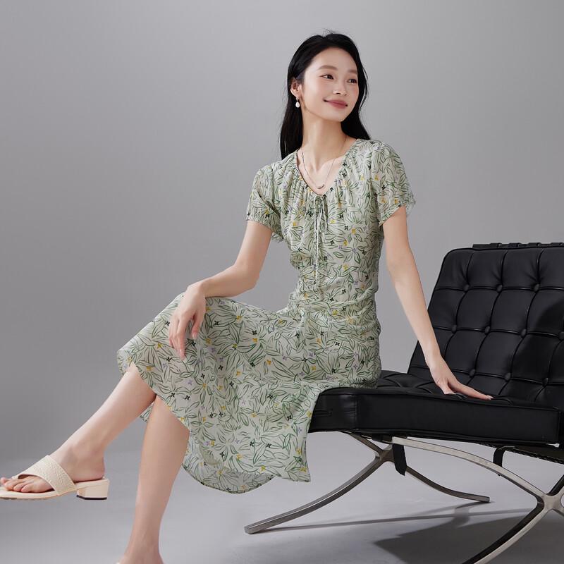 SOFSIL 2026 Summer French V-neck Floral Silk Dress M