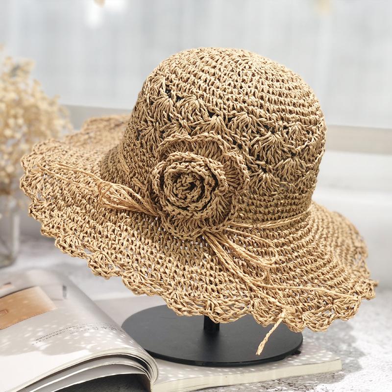 

Summer Handmade Crochet Straw Hat for Women Large Brim Sun Hat with Flower Decoration Foldable UV Protection Beach Hat 56-58cm