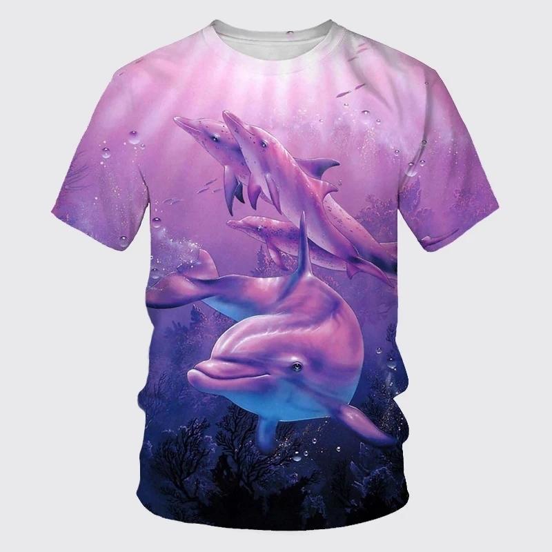 Summer New Cute Dolphin Pattern Men's Printed T-shirt Street Popular Harajuku Round Neck Plus Size Fashion Top Short Sleeve