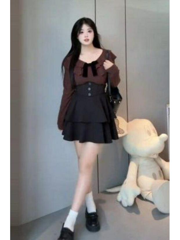 Set Top a Manica Lunga e Gonna a Vita Corsetto per Ragazza Americana Piccante Taglie Forti
