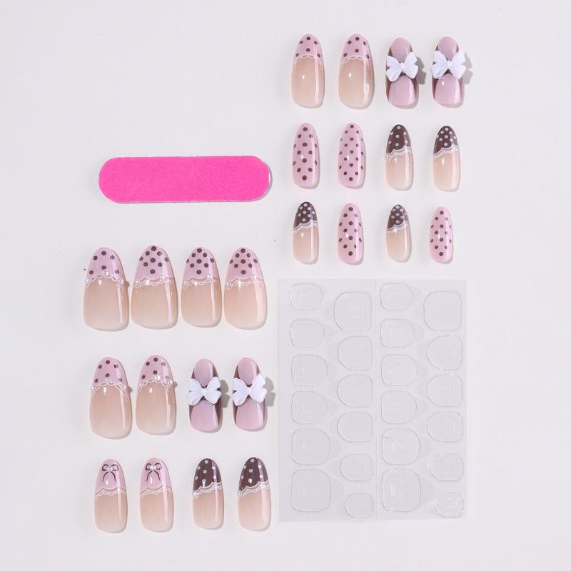 24Pcs Sweet Pink French Tip Polka Dot Nails With 3D White Bow Almond Shape False Nails Detachable Press On Nails For Women