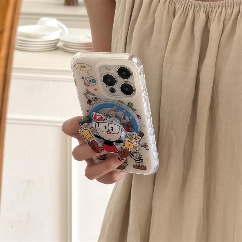 Funny Cute Cartoon Magnetic Phone Case For iPhone 16 Pro 15 13 14 Pro Max Back Cover with Magsafe Stand Holder Shockproof Cases