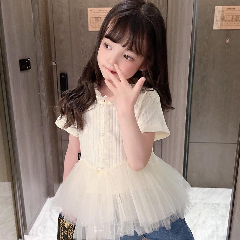 

Girls Summer 2025 Fashion Mesh Skirt Top - Solid Color Short Sleeve, Versatile & Casual 130 абрикосовый