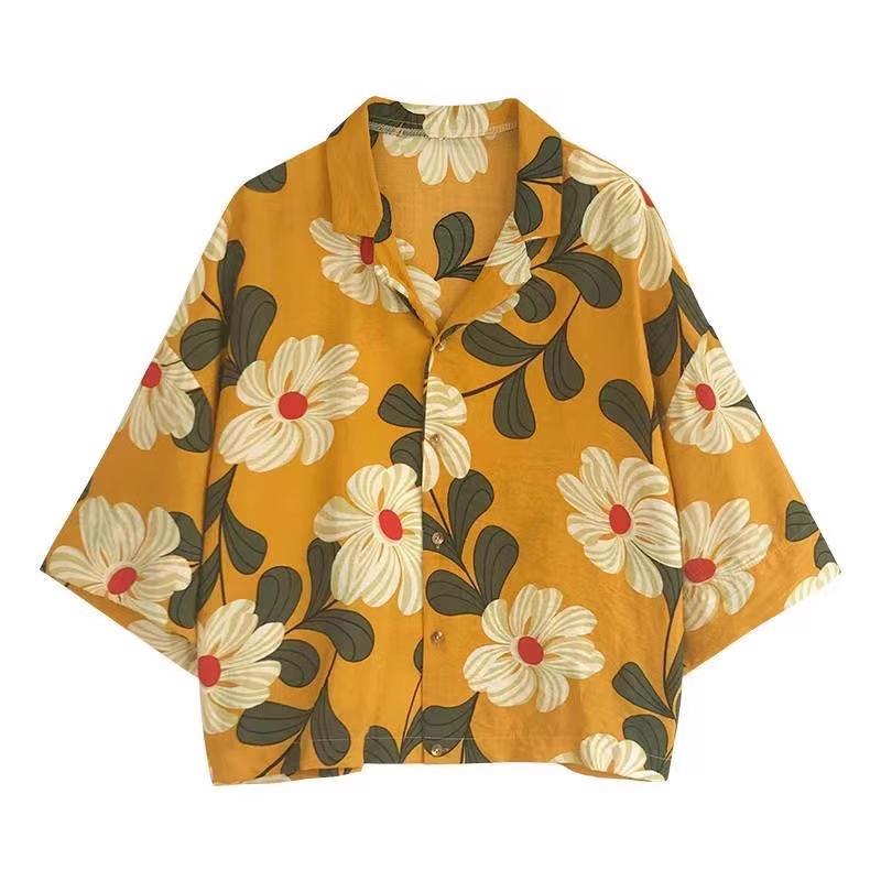 1116 Autumn New Han Fan Thin Yellow Printed Chiffon Shirt Top Women's Five-quarter Sleeve Floral Sunscreen Shirt