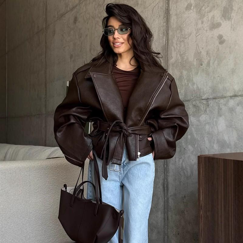 Womens Brown Faux Leather Jacket Turn-down Collar Short Belted Trendy INS Style