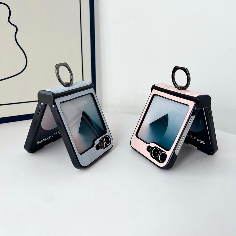 Vintage Marble Texture 2pcs Folding Case For Samsung Galaxy Z Flip6 Flip5 Flip4 Flip3 Solid Color Slim Shockproof Hard PC Ring Holder Phone Cover