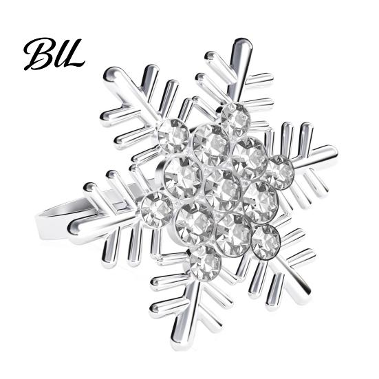 Silver Plated Napkin Buckles Rhinestone Snowflake Ring, Metal Holder, Winter Decorative Rings Holiday Ring for Christmas Dinner Table Decor Theme Home