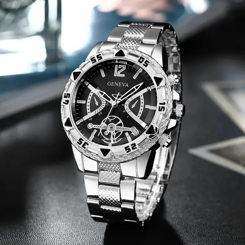 Luxury Men's Quartz Watch Classic Business Men Wristwatch Large Dial Alloy Steel Strip Blue Light Three Eye Men's Quartz Watch