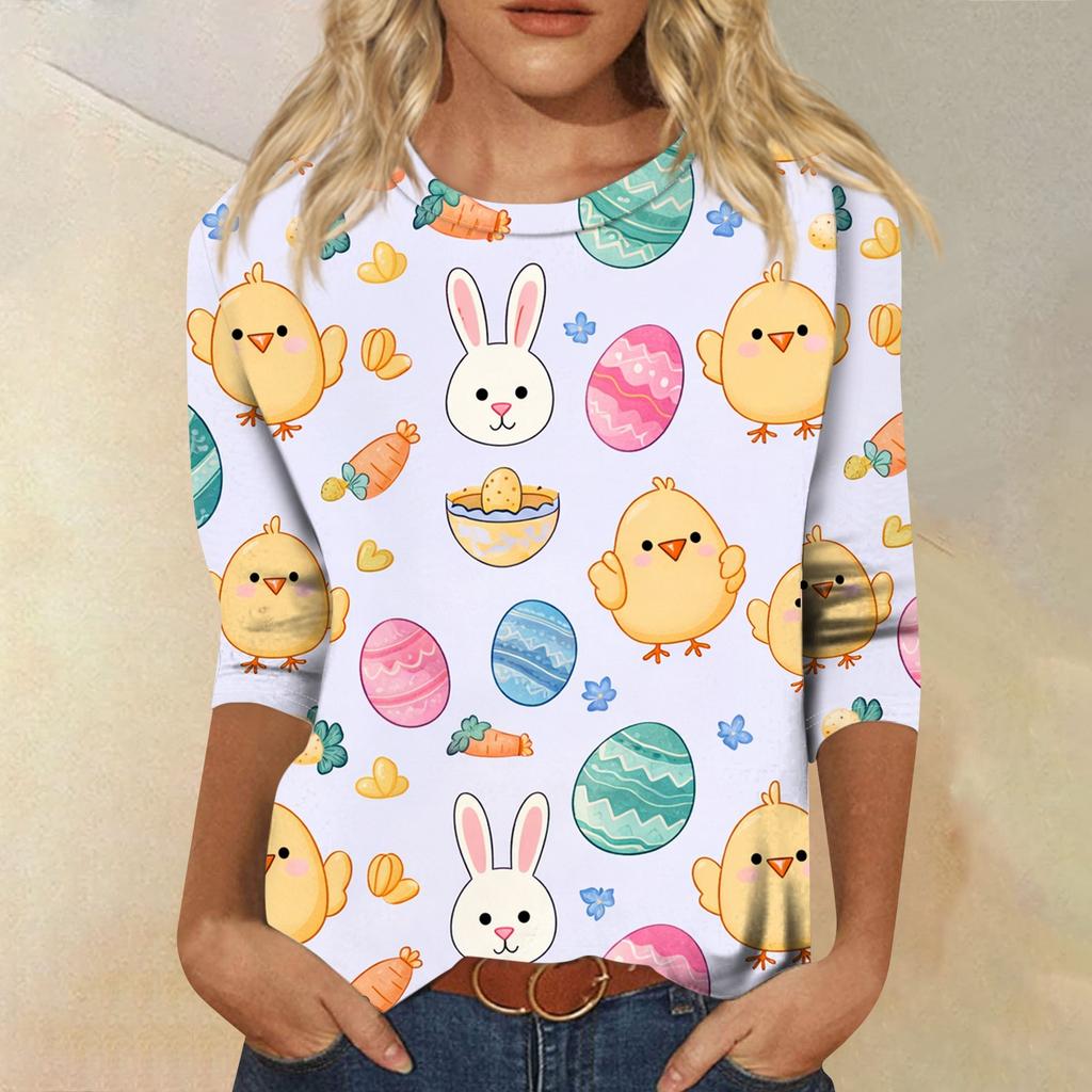 Women's Fashion Casual Sleeve Easter Elements Print Round Neck Top