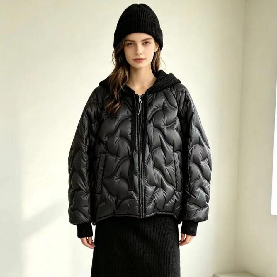 Autumn and winter new knitted hooded white duck down jacket women's short European loose versatile wool sleeve jacket