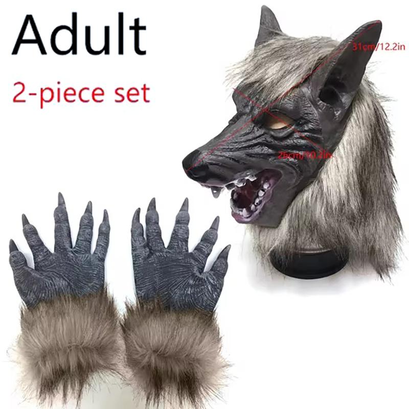 Halloween Latex Rubber Wolf Head Hair Mask Werewolf Gloves Costume Party Scary Decor Masquerade Props