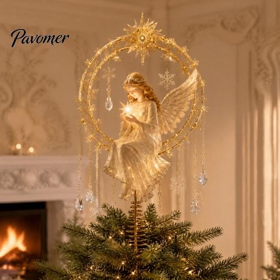 Vintage Style Angel Christmas Tree Topper, Acrylic Winged Treetop Ornament with Decoration Spring Base for Xmas Tree, Holiday Home Party Decor