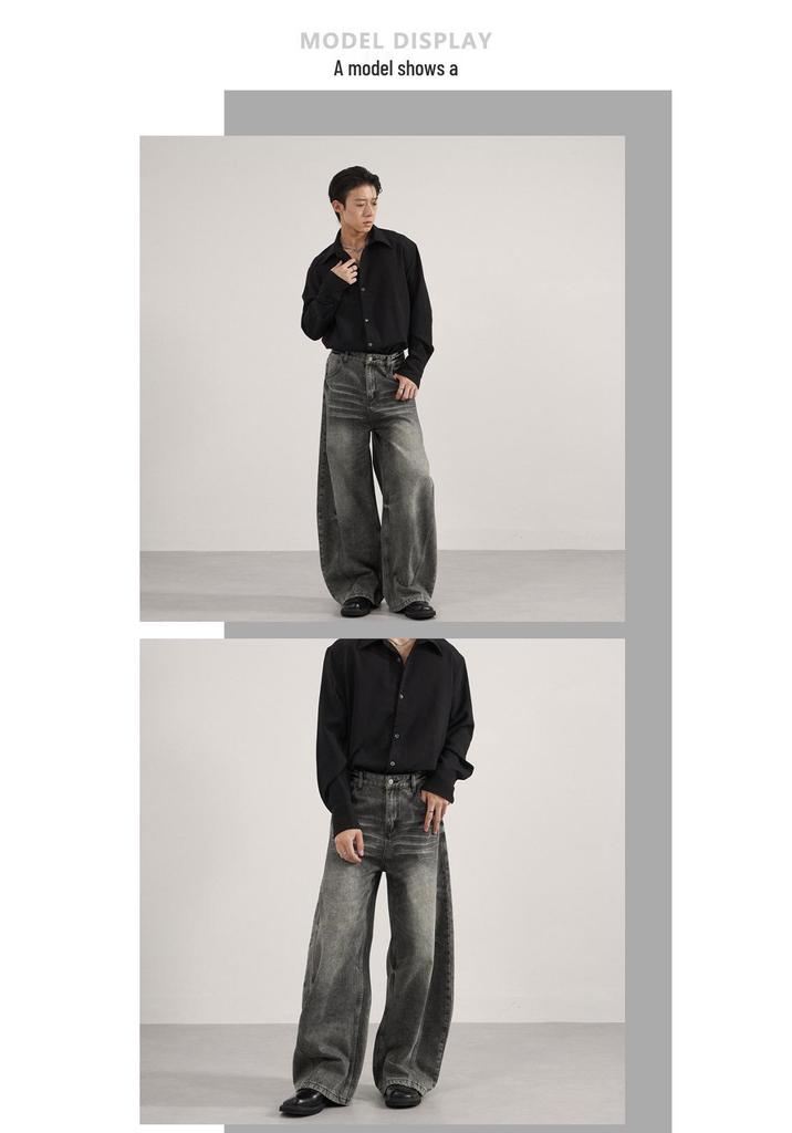 Men's Distressed Black-Gray Curved Blade Baggy Jeans - Unisex Casual Floor-Length Pants