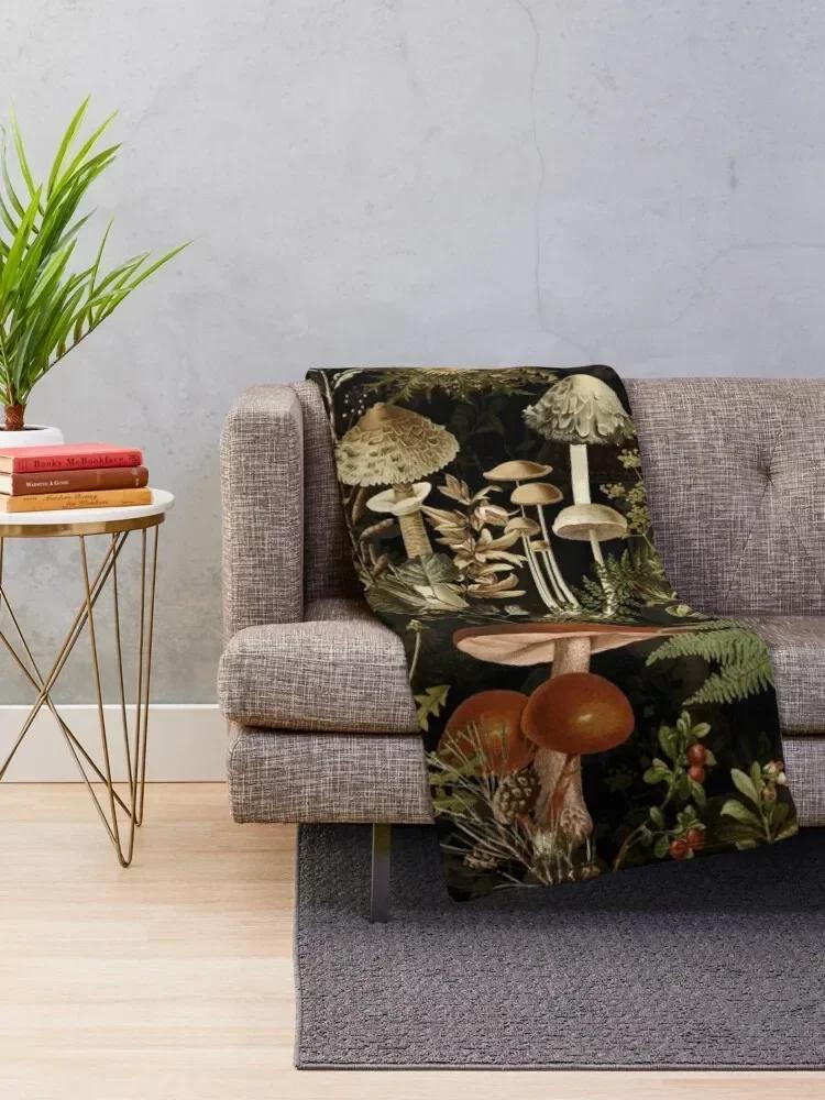 Vintage Mushrooms Forest Botanical Pattern - Black Throw Blanket Sofas Cute Plaid Fluffy Shaggy Hairys Soft Plaid Blankets