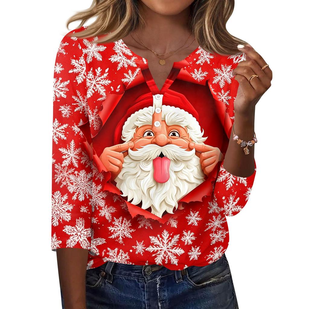 Women's Casual Christmas Print V Neck Button Up 3/4 Sleeve T Shirt Top