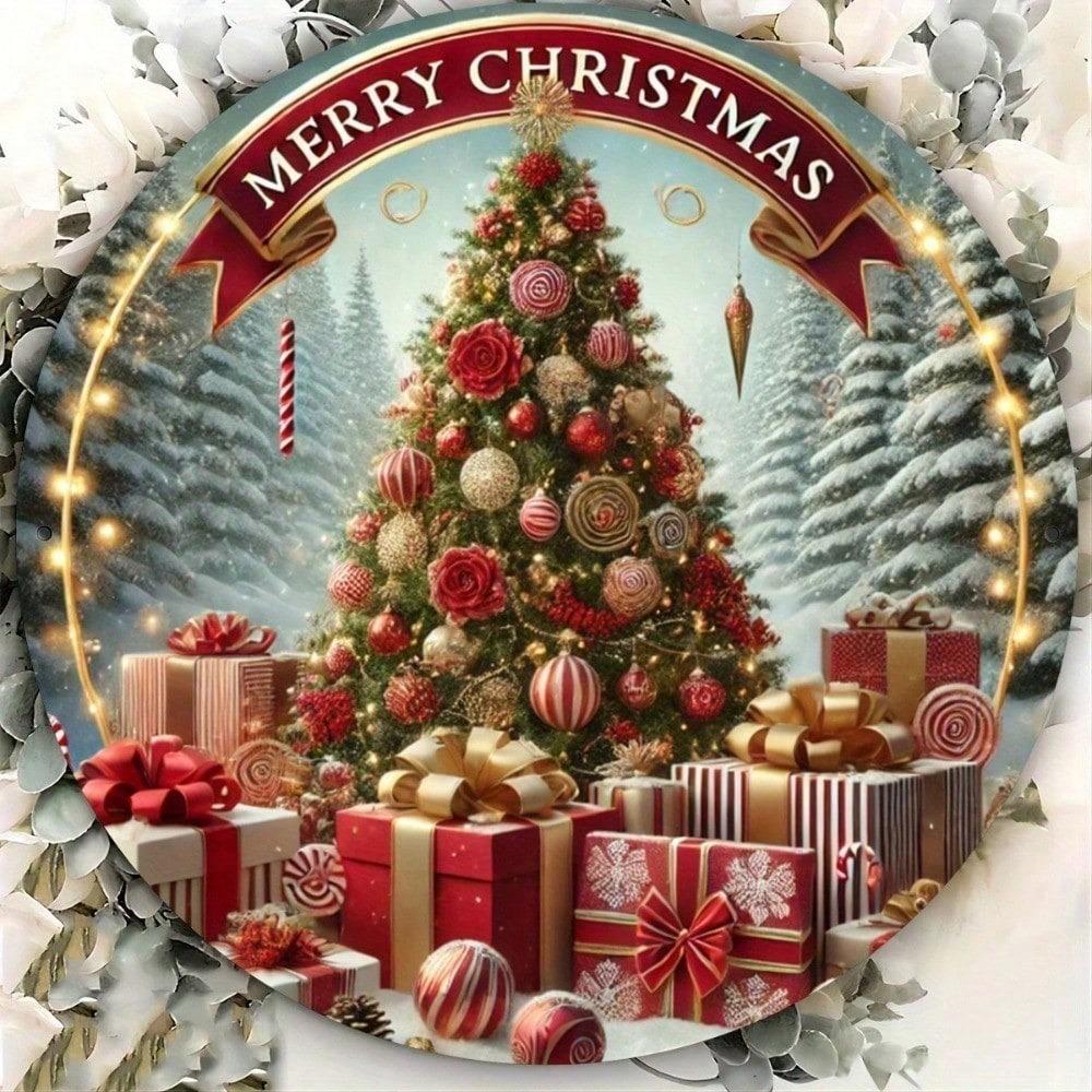 Vintage Christmas Tree Metal Wall Art Rustic Round Tin Sign Home Bar Decor