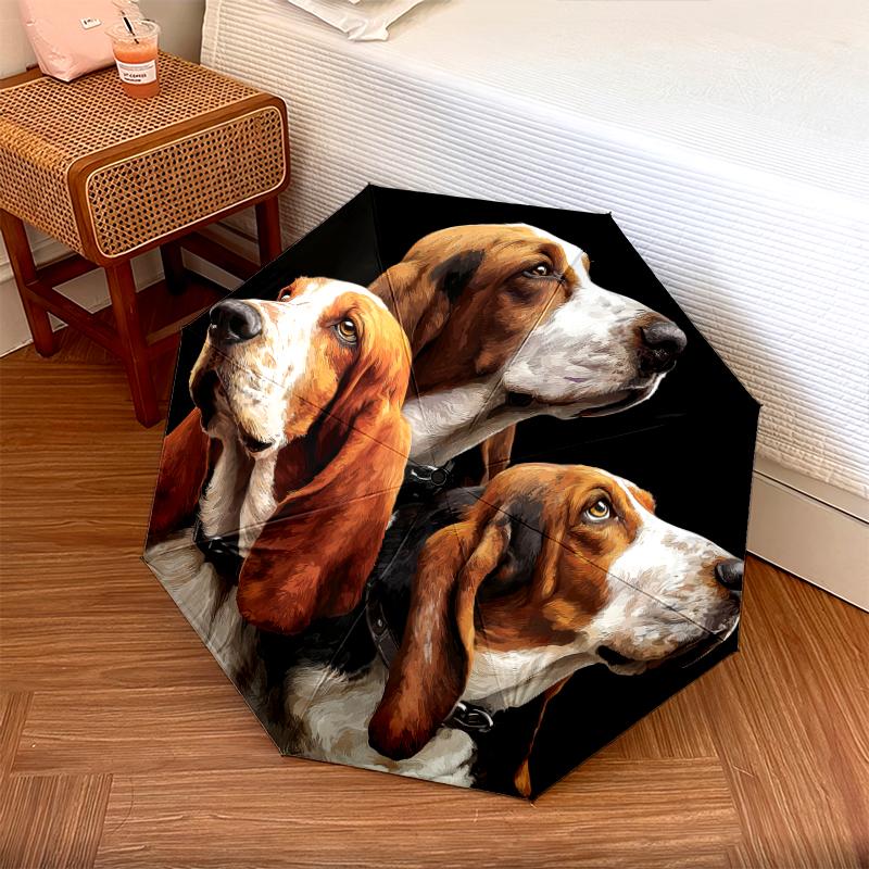 Black Puppy pattern, automatic folding umbrella, portable and foldable design, 8 ribs, a Christmas or birthday gift.