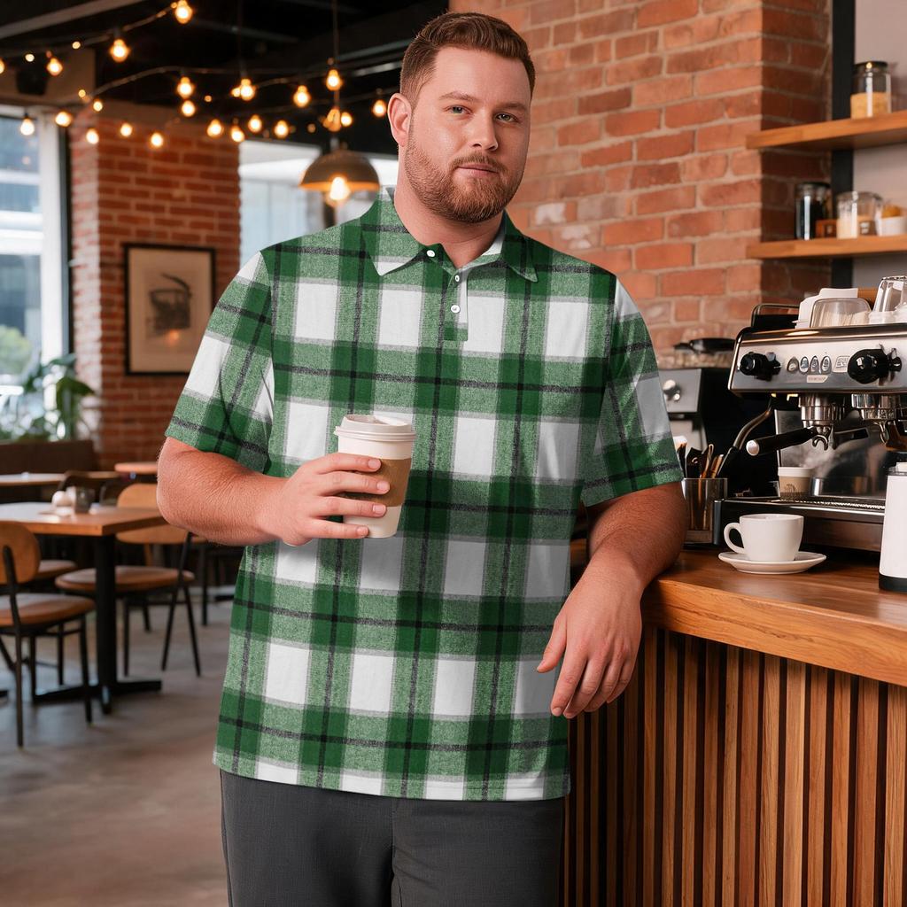 Men's Big Size Plaid Print Golf Polo Shirt Breathable Short Sleeve Collared Casual Workwear Top