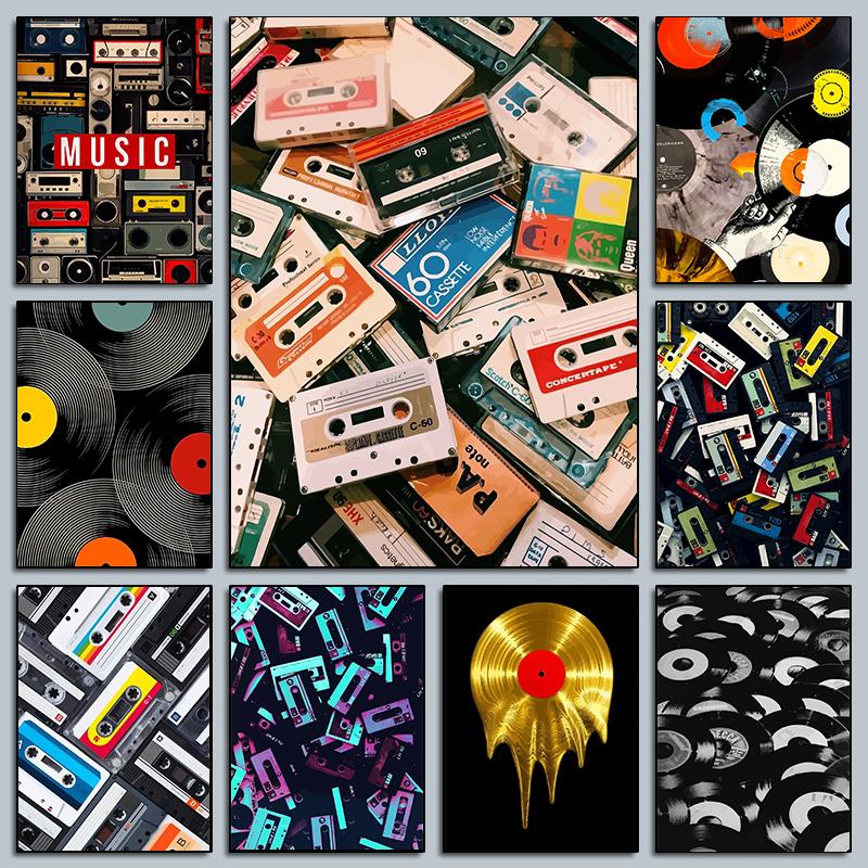 Classic Pop Golden Vinyl Record Cassette Tape Poster Music Modern Prints Canvas Painting Wall Art Picture Home Living Room Decor