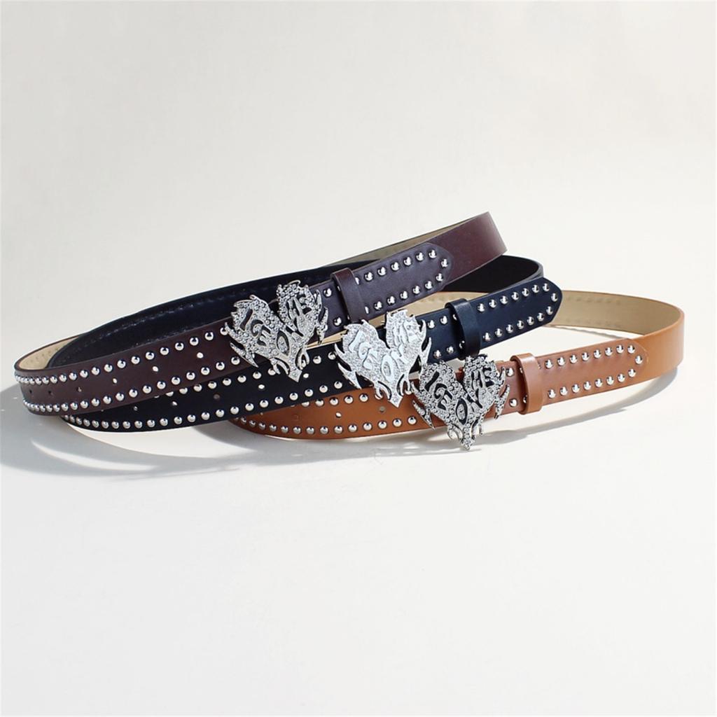 Punk PU Leather Belt with Heart Buckle Rivet Studded Belt for Female Cool Waiststrap for Pants Jeans Simple Waist Decors